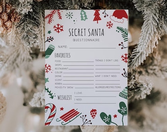 May include: A Secret Santa questionnaire with festive Christmas-themed illustrations. The white paper features sections for favorites, a wishlist, and things to avoid, with red, green, and white decorative elements.