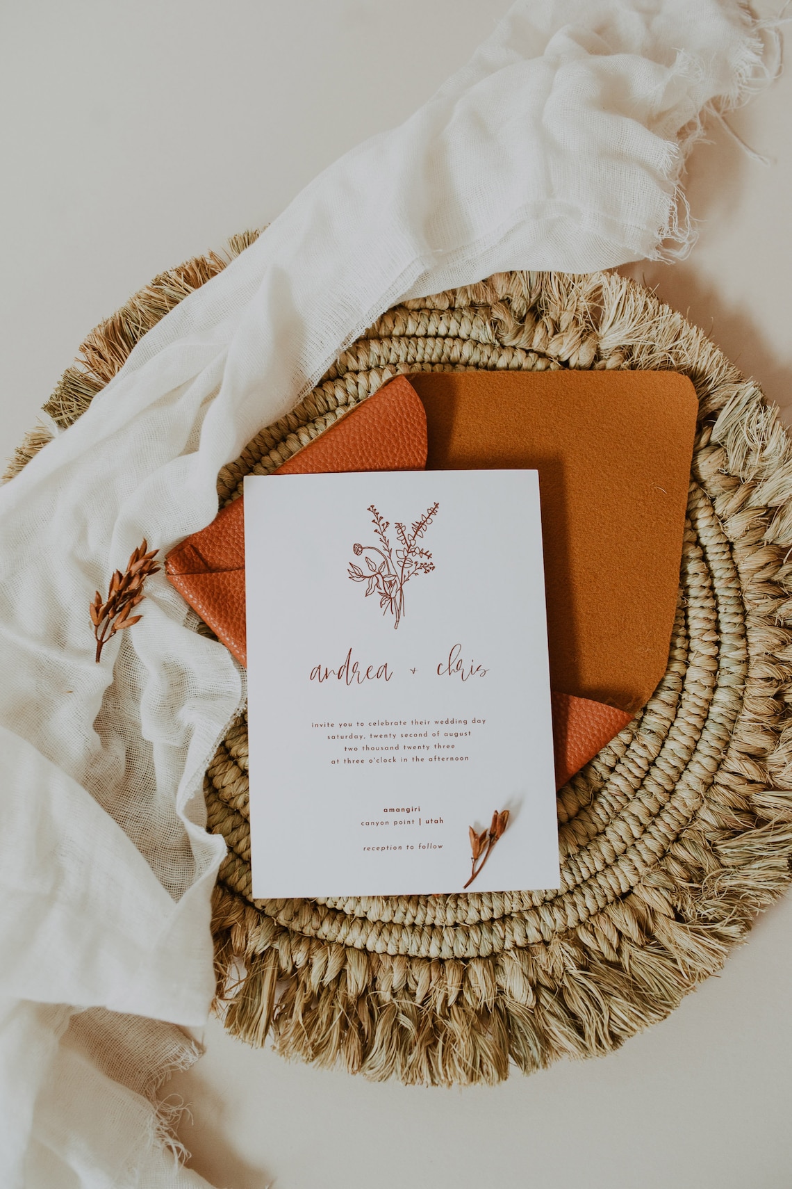 Terracotta Boho Wedding Invitation Template Botanical Simple Etsy