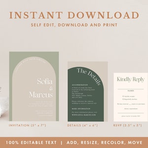 Arch Wedding Invitation Suite Template Sage Green Boho Wedding Invitation Set Arched Minimalist Invite Instant Download Sofia in sage image 3