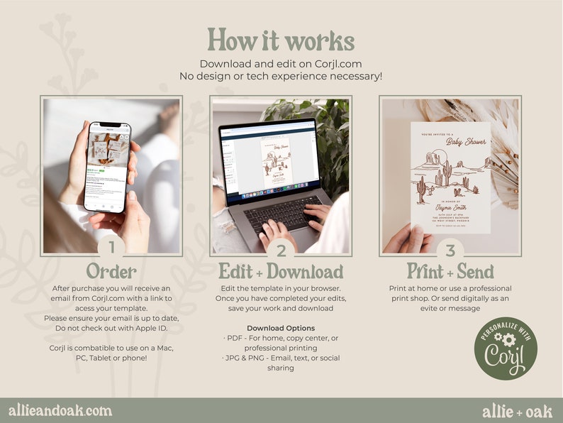 May include: A step-by-step guide for using Corjl templates. The image shows a phone, laptop, and printed invitation. Text includes "Order," "Edit + Download," and "Print + Send." The invitation design features a desert landscape with cacti.