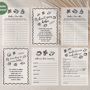 May include: A set of six baby shower game cards with black text and decorative borders. The cards include games like "Baby Item ABC" and "Don't Say Bébé." The cards are printed on a cream-colored paper.