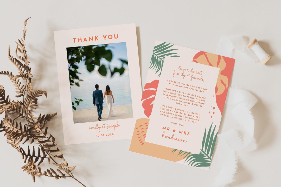 Tropical Wedding Thank You Card Template, Beach Wedding Thankyou Card ...