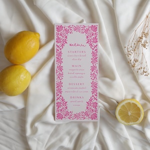 Pink Girl Mexican Baby Shower Menu Template, Pink Talavera Menu Card, Pink Toile Chinoiserie | BT1