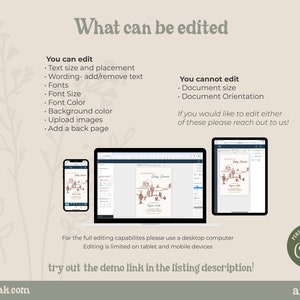 Puede incluir: Dise&ntilde;o de producto digital mostrado en un tel&eacute;fono inteligente, port&aacute;til y tableta. La imagen muestra el texto "What can be edited" y enumera funciones editables como el tama&ntilde;o del texto, las fuentes y el color de fondo. Producto de allieandoak.com.