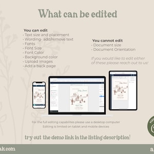 May include: A digital product design displayed on a smartphone, laptop, and tablet. The image shows the text "What can be edited" and lists editable features like text size, fonts, and background color. The product is from allie + oak.