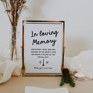 May include: A framed sign with the words "In loving Memory" in black script. The sign includes the text "Honoring those who are forever in our hearts and are deeply missed on this special day." A candle and hearts are also shown.