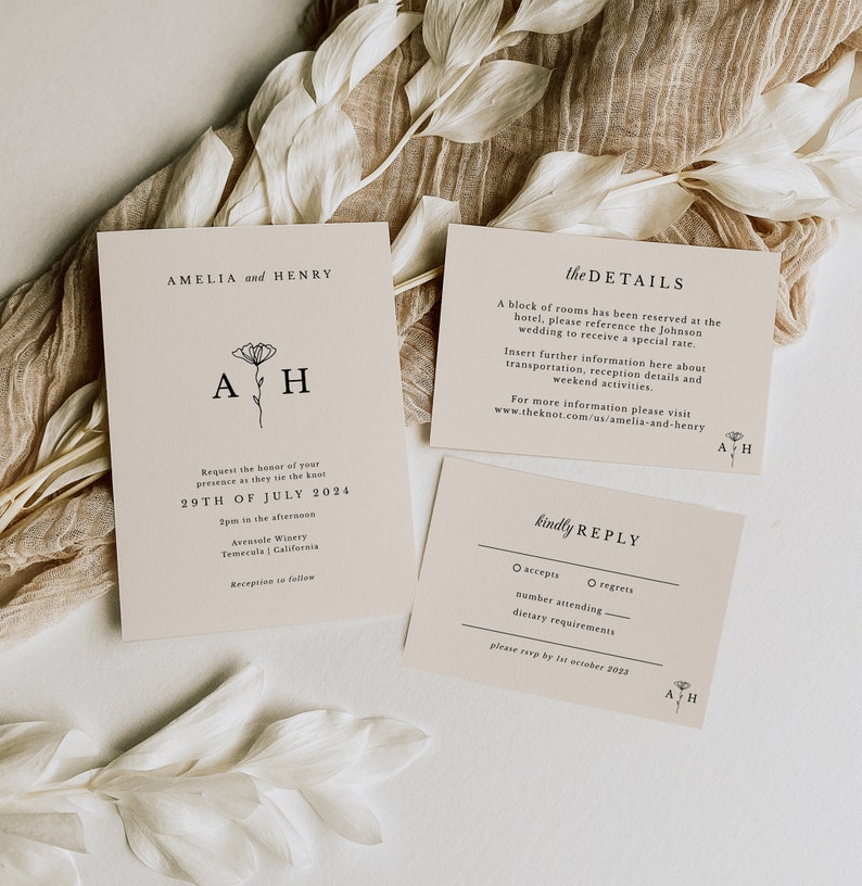 Elegant Minimalist Wedding Invitation Suite Template Floral Minimalist Botanicals Wedding Invitation Download Beige Nuetral June image 1