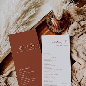 May include: A wedding ceremony programme with a maroon background and white text. The programme lists the order of events for the ceremony, including the processional, welcome and introduction, readings, exchange of vows, ring ceremony, pronouncement of marriage, presentation of couple, and recessional. The programme also includes the wedding party, with the names of the officiant, mother of the bride, father of the bride, maid of honour, matron of honour, bridesmaids, mother of the groom, father of the groom, best man, and groomsmen.