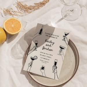 Illustrated Wedding Invitation Template, Wine and Drink Hand Drawn Invitation, Whimsical Quirky Cocktails | HD3