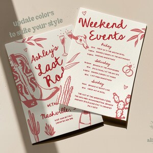K&ouml;nnte beinhalten: Eine wei&szlig;e Karte mit rotem Text und Illustrationen. Die Karte ist f&uuml;r einen Junggesellinnenabschied in Nashville, Tennessee. Der Text lautet "Ashley's Last Rodeo" und enth&auml;lt eine Liste der Wochenendveranstaltungen.