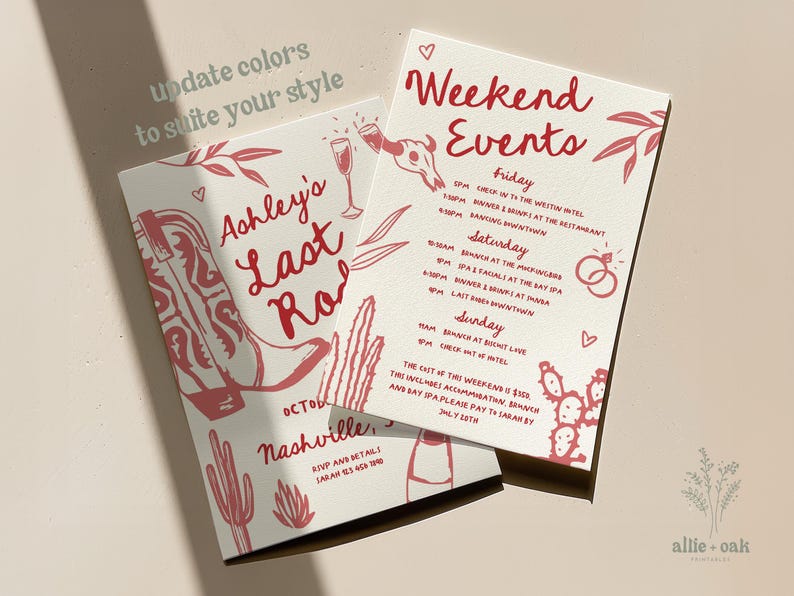 K&ouml;nnte beinhalten: Eine wei&szlig;e Karte mit rotem Text und Illustrationen. Die Karte ist f&uuml;r einen Junggesellinnenabschied in Nashville, Tennessee. Der Text lautet "Ashley's Last Rodeo" und enth&auml;lt eine Liste der Wochenendveranstaltungen.