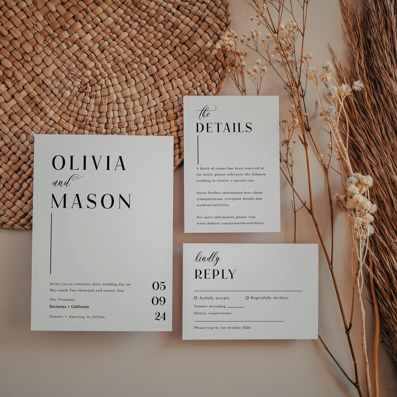 May include: A wedding invitation suite with a white background and black text. The invitation card features the names Olivia and Mason, the date 5th May 2024, and the location The Vistonian, Encinitas, California. The RSVP card includes the text "lindly REPLY" and options for guests to RSVP.