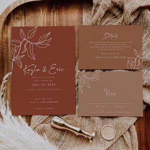 Terracotta Wedding Invitation Rust Boho Minimalist Wedding Set Desert Wedding Leaves Simple Invite Template  // DIGITAL DOWNLOAD | Tierra