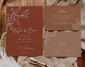 Terracotta Wedding Invitation Rust Boho Minimalist Wedding Set Desert Wedding Leaves Simple Invite Template  // DIGITAL DOWNLOAD | Tierra