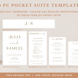 Pu&ograve; includere: Un modello di suite di invito di nozze da 5 pezzi con sfondo beige. Il modello include un invito, una scheda informativa, una scheda dettagli, una scheda RSVP e una fascia per la pancia. Il testo sull'invito recita "Julia e Samuel". Il testo sulla scheda informativa recita "Weekend eventy". Il testo sulla scheda dettagli recita "The Details". Il testo sulla scheda RSVP recita "Kindly Reply". Il testo sulla fascia per la pancia recita "JS".