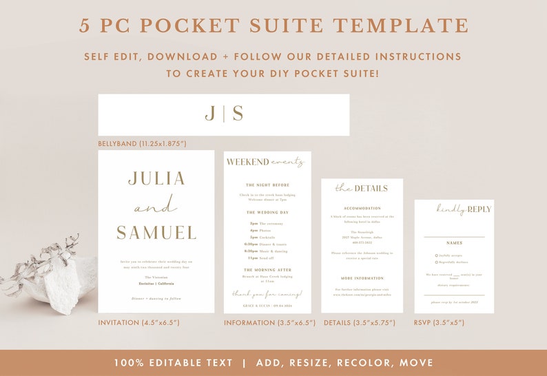 Pu&ograve; includere: Un modello di suite di invito di nozze da 5 pezzi con sfondo beige. Il modello include un invito, una scheda informativa, una scheda dettagli, una scheda RSVP e una fascia per la pancia. Il testo sull'invito recita "Julia e Samuel". Il testo sulla scheda informativa recita "Weekend eventy". Il testo sulla scheda dettagli recita "The Details". Il testo sulla scheda RSVP recita "Kindly Reply". Il testo sulla fascia per la pancia recita "JS".