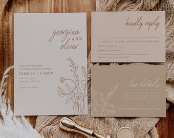 Beige Wedding Invitation Suite Template Floral Minimalist Wedding Invitation Download Beige Nuetral Invitation Stationery | INDY