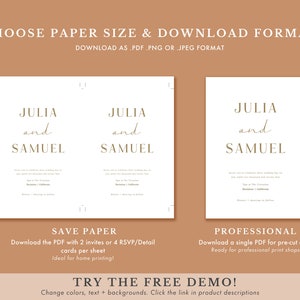 Pu&ograve; includere: Un download digitale per inviti di nozze con i nomi "Julia e Samuel" in un design minimalista con font dorata. Il download include due opzioni: risparmiare carta con due inviti o quattro RSVP per foglio, o una carta pretagliata professionale per le tipografie.