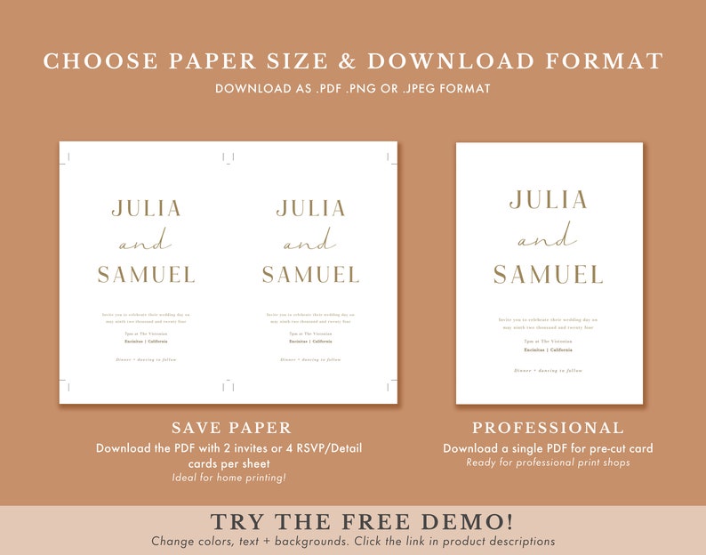 Pu&ograve; includere: Un download digitale per inviti di nozze con i nomi "Julia e Samuel" in un design minimalista con font dorata. Il download include due opzioni: risparmiare carta con due inviti o quattro RSVP per foglio, o una carta pretagliata professionale per le tipografie.