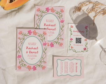 Whimsical Floral Wedding Invitation Suite, Hand Drawn Wildflower Wedding Invite | FL1