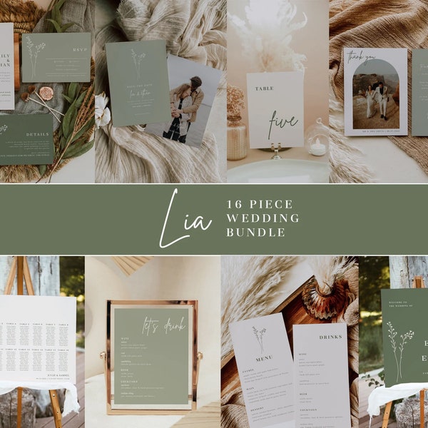 Sage Green Wedding Invitation Bundle Sage Wedding Bundle Template Suite Wedding Signs Emerald Wedding Stationery // 16 pcs | Lia in Sage