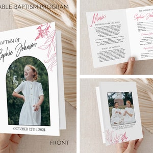 LDS Baptism Program Printable Neutral Baptism Program Editable LDS Baptism Program Template Floral Leaves Pink