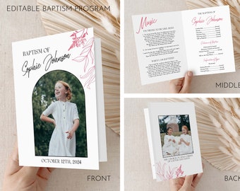 May include: A white baptism program with pink floral illustrations. The front cover features a photo of a young girl in a white dress, with the text "Baptism of Sophie Johnson" and "October 12th, 2024". The middle page includes a list of songs and the text "The Baptism of Sophie Johnson". The back cover features a photo of two young girls in white dresses, with the text "The Church of Jesus Christ of Latter-day Saints".