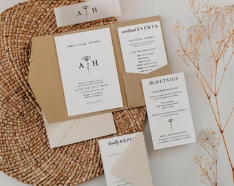 Neutral Wedding Invitation Pocket Template Minimal Modern Pocketfold Envelope Suite Wedding Invitation Download | June