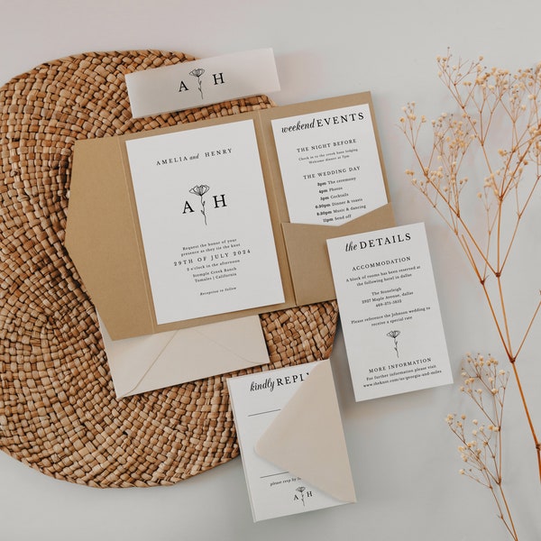 Neutral Wedding Invitation Pocket Template Minimal Modern Pocketfold Envelope Suite Wedding Invitation Download | June