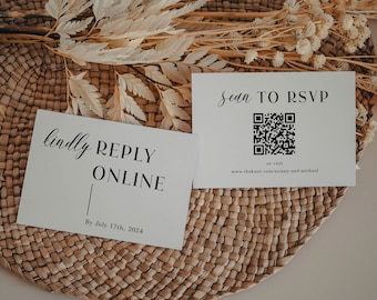 May include: Two white cards with black text. The top card says "Scan to RSVP" and has a black QR code. The bottom card says "Kindly Reply Online" and "By July 17th, 2024".