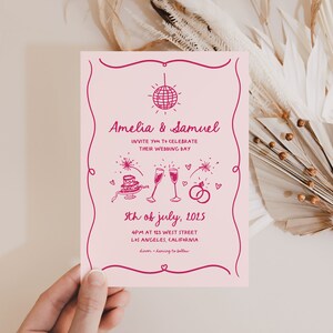 Pink Hand Drawn Wedding Invitation Squiggle Illustrated Wedding Invite Hand Drawn Fun Wedding Invitation Template | HD2