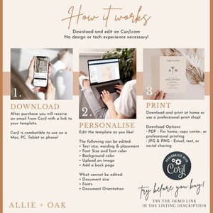 May include: A how-to guide for using Corjl.com to personalize and print wedding invitations. The guide shows a phone and a laptop with the Corjl.com website open. The guide also shows a wedding invitation with the text "A + H" and the names "Amelia Matthews & Henry Walker".