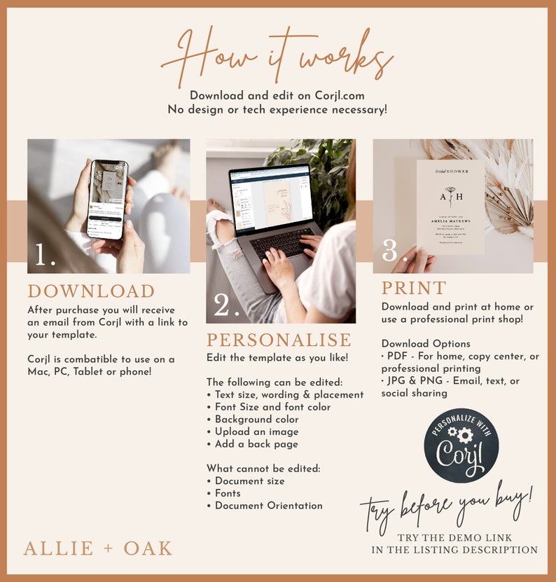 May include: A how-to guide for using Corjl.com to personalize and print wedding invitations. The guide shows a phone and a laptop with the Corjl.com website open. The guide also shows a wedding invitation with the text "A + H" and the names "Amelia Matthews & Henry Walker".