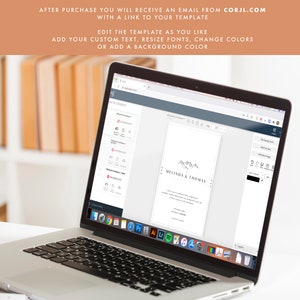May include: A laptop screen displaying a wedding invitation template with a mountain range design. The text "MELINDA & THOMAS" is at the top of the invitation. The template is being edited on a website called Corjl.com.