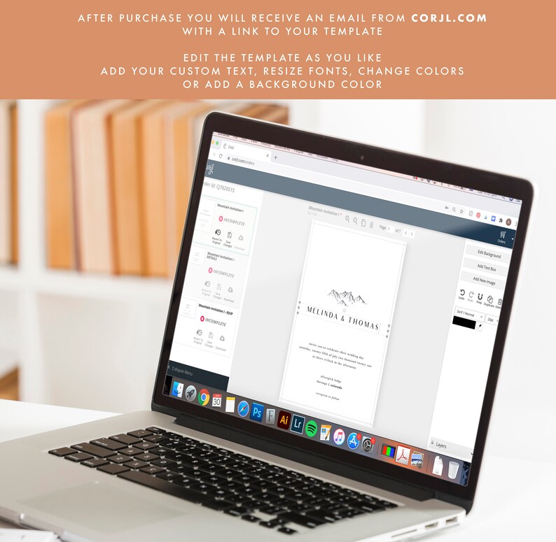 May include: A laptop screen displaying a wedding invitation template with a mountain range design. The text "MELINDA & THOMAS" is at the top of the invitation. The template is being edited on a website called Corjl.com.