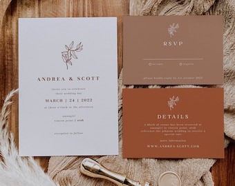 Desert Wedding Invitation Boho Wedding Suite Terracotta Burnt Orange Wedding Invite Template Simple  // Set of 3 DIGITAL DOWNLOAD | Desierto