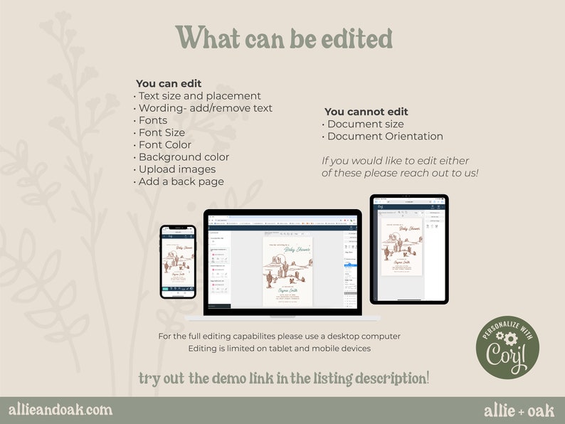 Pu&ograve; includere: Un mockup digitale di un modello di invito stampabile per un baby shower. L'invito presenta un design rustico con uno schema di colori marrone e bianco. Il testo sull'invito recita "Baby Shower". L'immagine mostra come l'invito pu&ograve; essere modificato utilizzando un computer desktop, un tablet o un dispositivo mobile.