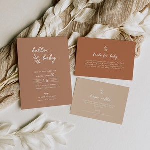Gender Neutral Baby Shower Invitation Suite Template Printable Hello Baby Invite Minimalist Beige Nuetrals Editable Invitation | Izel