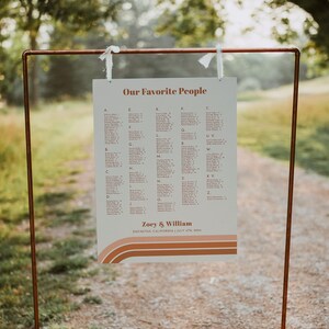 May include: A white sign with the text "Our Favorite People" in brown lettering. The sign lists names in alphabetical order with table numbers. The sign is hanging from a copper stand. The sign also includes the text "Zoey & William" and "Encinitas, California | July 4th, 2024".