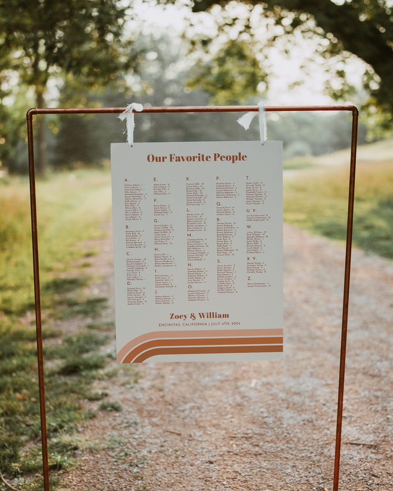 May include: A white sign with the text "Our Favorite People" in brown lettering. The sign lists names in alphabetical order with table numbers. The sign is hanging from a copper stand. The sign also includes the text "Zoey & William" and "Encinitas, California | July 4th, 2024".