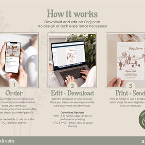 Pu&ograve; includere: Una guida in tre passaggi su come ordinare, modificare e stampare un modello di invito stampabile. La guida include immagini di un telefono, un laptop e mani che tengono un invito stampato. L'invito presenta un paesaggio desertico con cactus e un tramonto. Il testo sull'invito recita "Benvenuti a un Baby Shower".