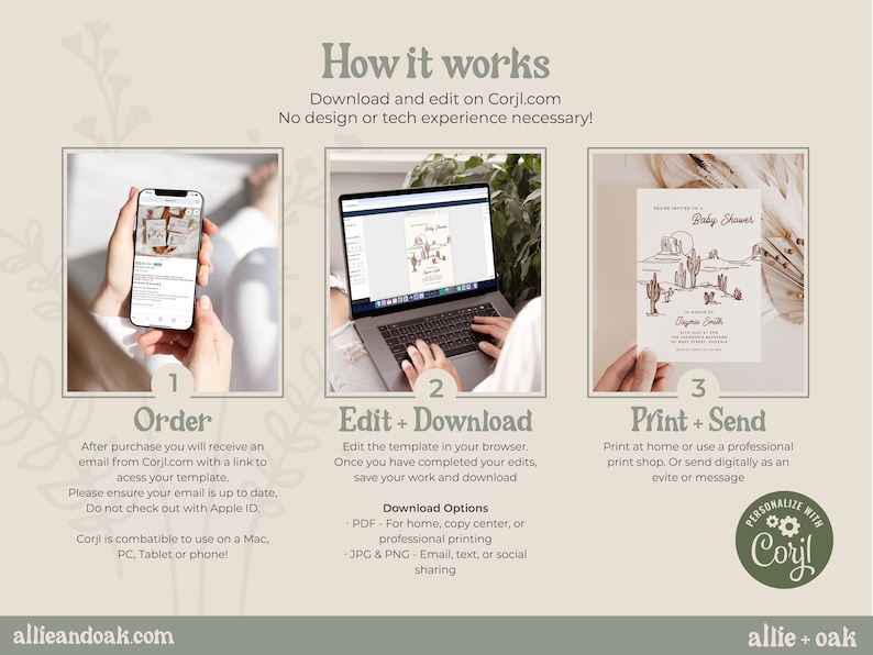 Pu&ograve; includere: Una guida in tre passaggi su come ordinare, modificare e stampare un modello di invito stampabile. La guida include immagini di un telefono, un laptop e mani che tengono un invito stampato. L'invito presenta un paesaggio desertico con cactus e un tramonto. Il testo sull'invito recita "Benvenuti a un Baby Shower".