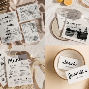 Whimsical Wedding Invitation Suite Illustrated Wedding Reception Bundle Hand Drawn Champagne Tower Template | HD3
