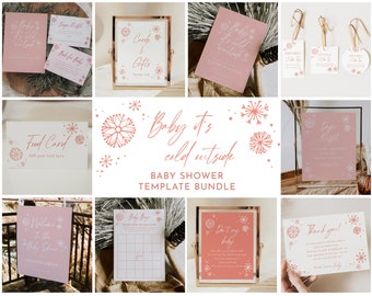 May include: A set of printable baby shower templates featuring a winter theme with snowflakes and the text "Baby it's cold outside". The templates include a welcome sign, food cards, a diaper raffle sign, cards and gifts sign, a thank you card, and a don't say baby sign.