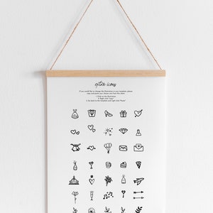 May include: A white sheet of paper with black and white illustrations of various icons. The text "extra icons" is at the top of the sheet. The text below the title reads: "If you would like to change the illustration in your template, please copy and paste your chosen one from this sheet. 1. Click on the illustration. 2. Go back to the template and right click "Paste."
