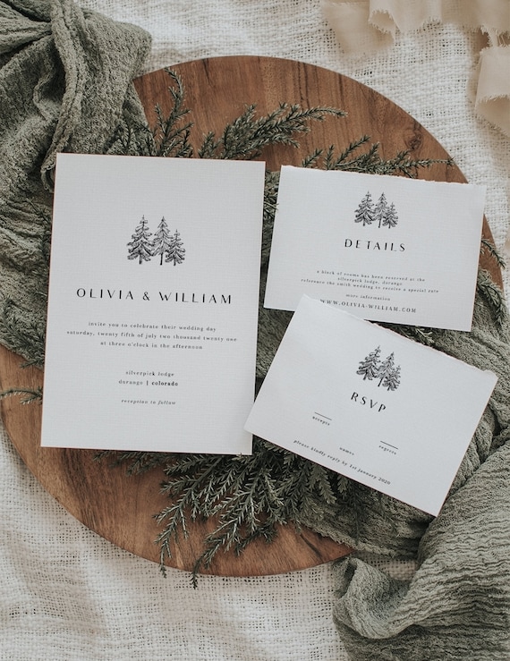 Forest Wedding Invitation Template Pine Trees  // Set of 3 DIGITAL DOWNLOAD