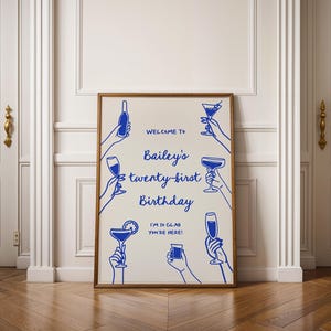 Adult Birthday Party Welcome Sign, 21st 30th 40th Birthday Welcome Sign, Whimsical Hand Drawn Wine Birthday Sign | HD3 Blue