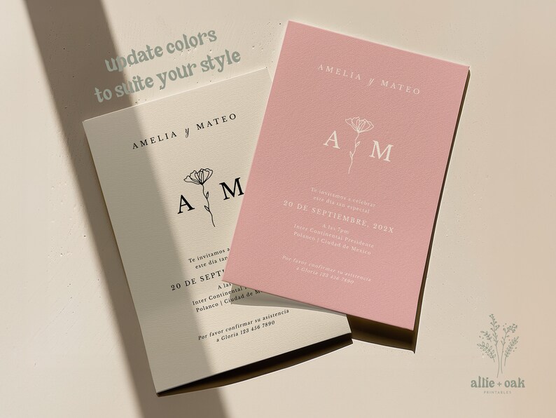 K&ouml;nnte beinhalten: Eine Hochzeitseinladung mit rosa Hintergrund und wei&szlig;em Text. Die Einladung lautet "Amelia y Mateo" und enth&auml;lt das Datum "20 de Septiembre, 2023".