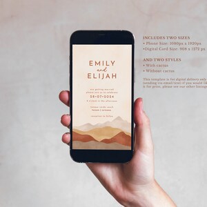 May include: Digital wedding invitation template with a desert landscape background in shades of brown, orange, and beige. The text reads "Emily and Elijah are getting married, please join us to celebrate 28-07-2024".