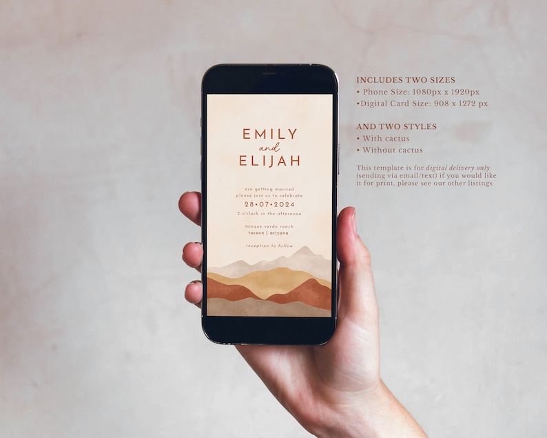 May include: Digital wedding invitation template with a desert landscape background in shades of brown, orange, and beige. The text reads "Emily and Elijah are getting married, please join us to celebrate 28-07-2024".